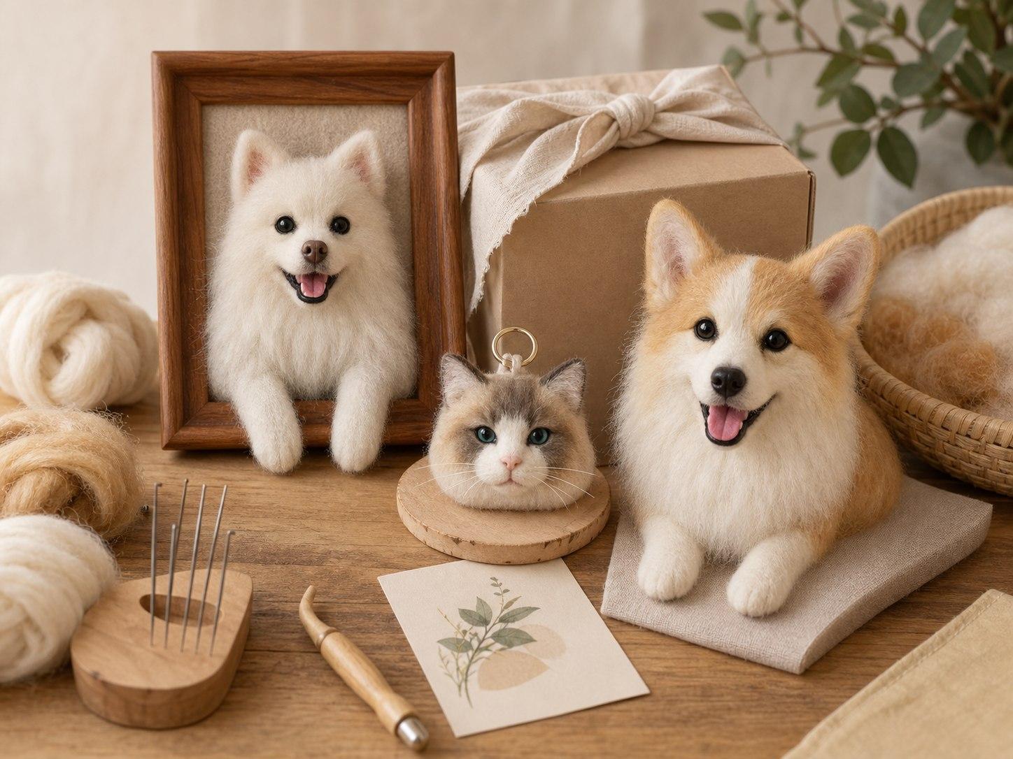 A warm artisan tabletop with wool-felt pet keepsakes, tools, and packaging.